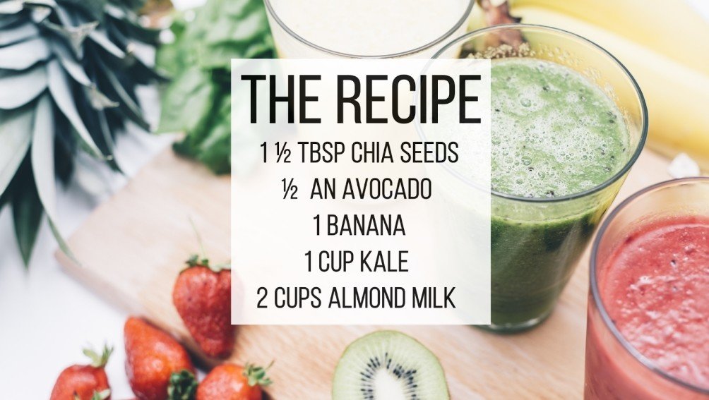An image of the wrinkle busting smoothie recipe, inlcuding chia seeds, avocado, banana, kale and almond milk.