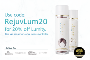 An image of the lumity products with promotional copy saying use the code rejuvlum20 for a 20% discount.