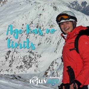 An image of Chris Stableford sking with a snowy mountain behind her, with the quote superimposed, 'age has no limits'.