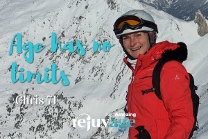 An image of Chris Stableford sking with a snowy mountain behind her, with the quote superimposed, 'age has no limits'.