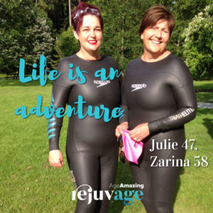 An image of Zarina Cretney with friend Julie wearing wet suits in the summer with the quote "life is an adventure" superimposed.