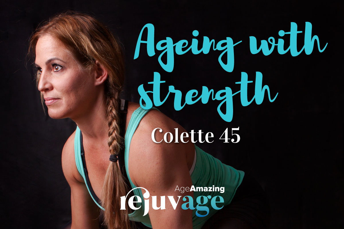 An image of Collete Pienaar doing a resistance exercise with the text superimposed, "ageing with strength".