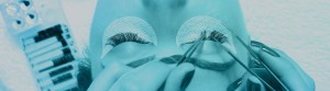 image of a woman having her eyelashes extended for a banner for eyelash extensions