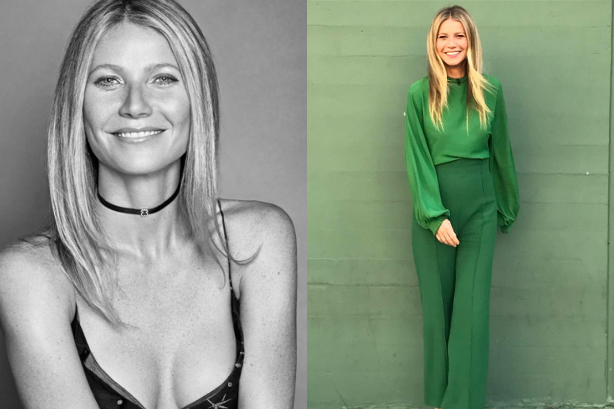 A split image of a Gwyneth Paltrow portrait and a longshot of her posing in green.