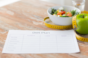 An image of a blank diet plan for weight and fat loss next to a tape measure, apple and bowl of salad on a table.