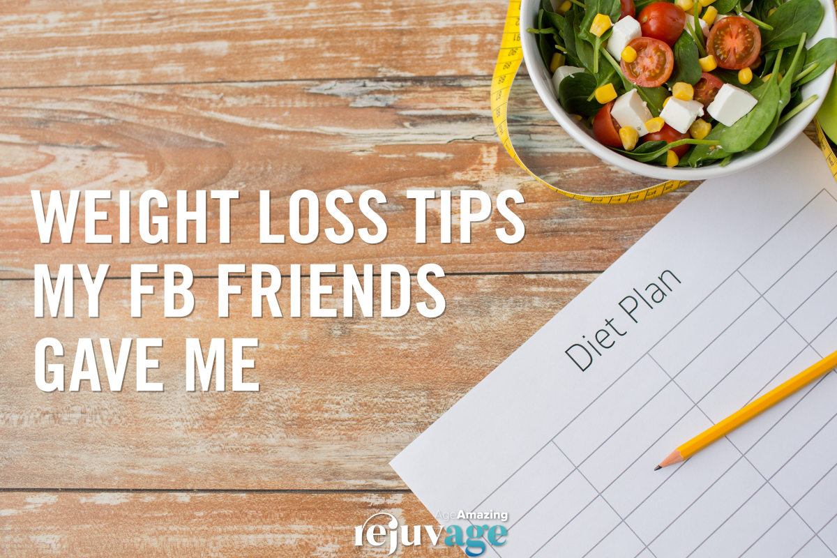 An image of a deit plan on a table next to a tape measure and bowl of salad with the text, weight loss tips my Facebook friends gave me superimposed