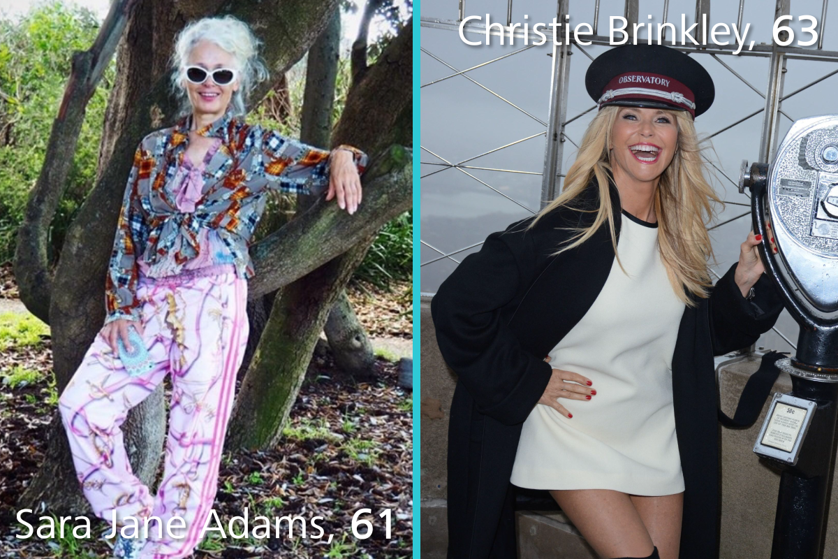 A split image with sara jane adams on the left and Christie Brinkley on the right. Credit to sarah jane adams, instagram and alamy.