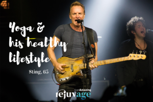 An image of the sting performing on stage with the title superimoposed, 'yoga and his healthy lifestyle'.