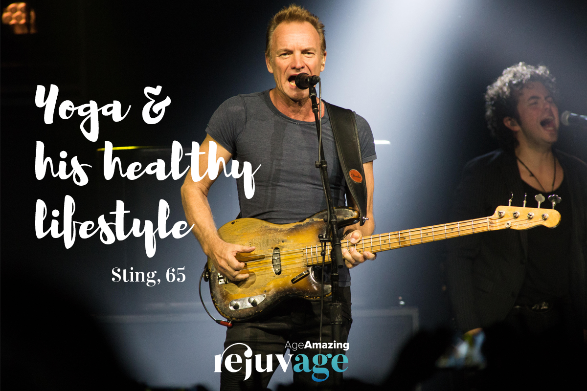 An image of the sting performing on stage with the title superimoposed, 'yoga and his healthy lifestyle'.