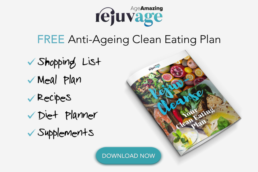 An image of the rejuvage clean eating guide to support the ageing process through eating =, the guide includes recipe ideas, a meal planner, shopping list and supplement advice!