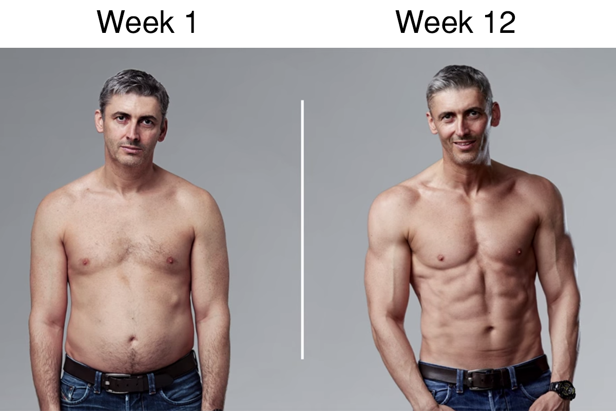 Two images of Ben Jackson posing, one at the start of his body and weight loss transformation and at the end.