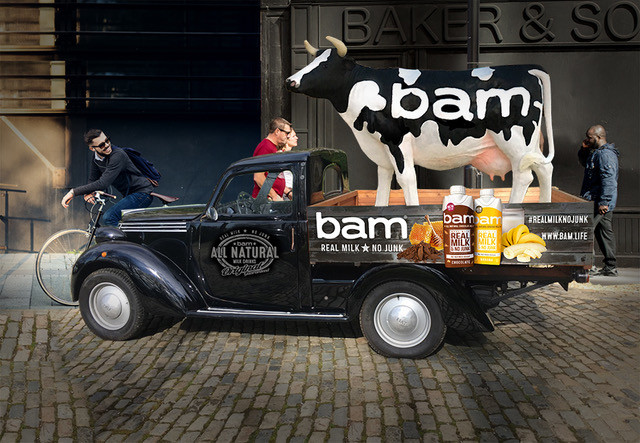 An image of the bam wagon, a new brand which sells all-natural dairy milk.