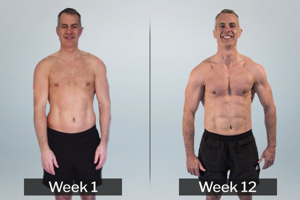 A before and after image of middle aged Bren Foster's 12 week fitness transformation