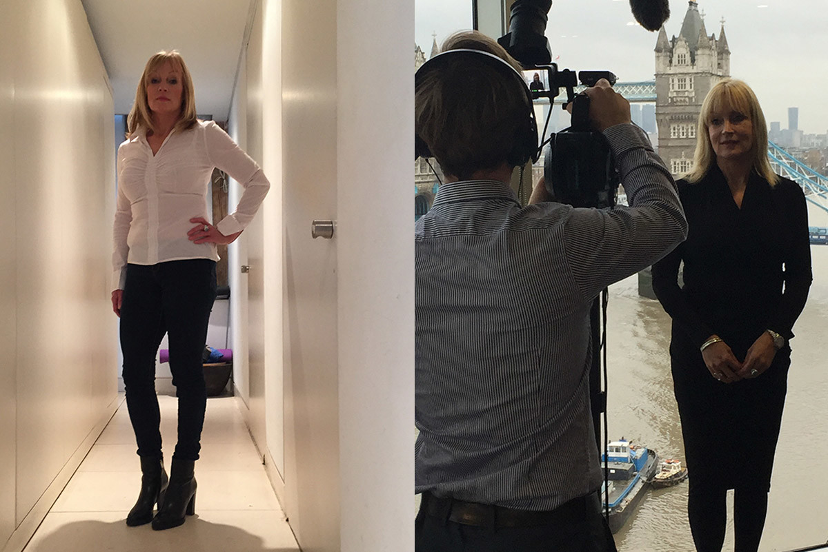 A split image, one of Louise Proddow posing and the other of her at wor being filmed in London.