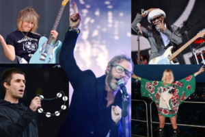 A collage image of midster perfomers at Glastonbury including Liam gallagher, barry gibbs, chic and more.