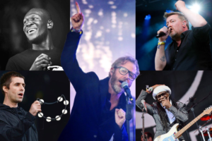 A collage image of midster perfomers at Glastonbury including Liam gallagher, barry gibbs, chic and more.