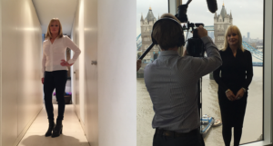 A split image, one of Louise Proddow posing and the other of her at work.
