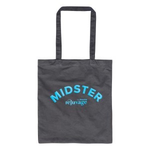 A product image of the midster tote handbag with blue logo.