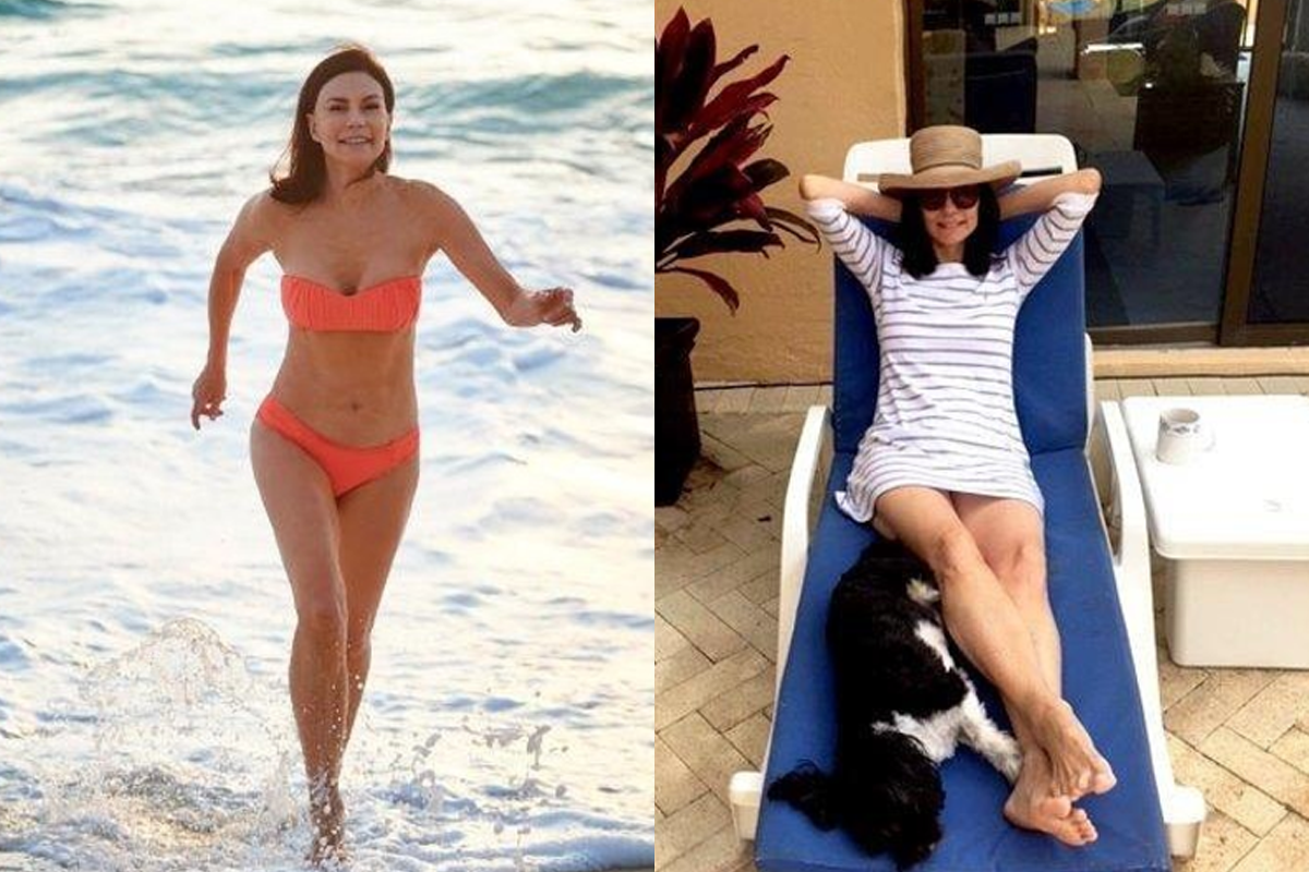 An image of Cayolryn Hartz,the 70 year old who has been sugar free for 28 years in a bikini on the left and on a sun lounger on the right.