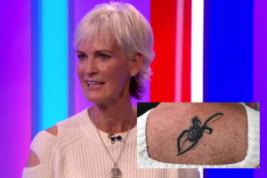 An image of 57 year old Judt Murray on The One Show talking about her new tattoo.