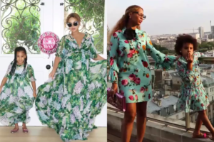 An image of Beyonce and her daughter, Blue Ivy twinning in the seam floral dresses.