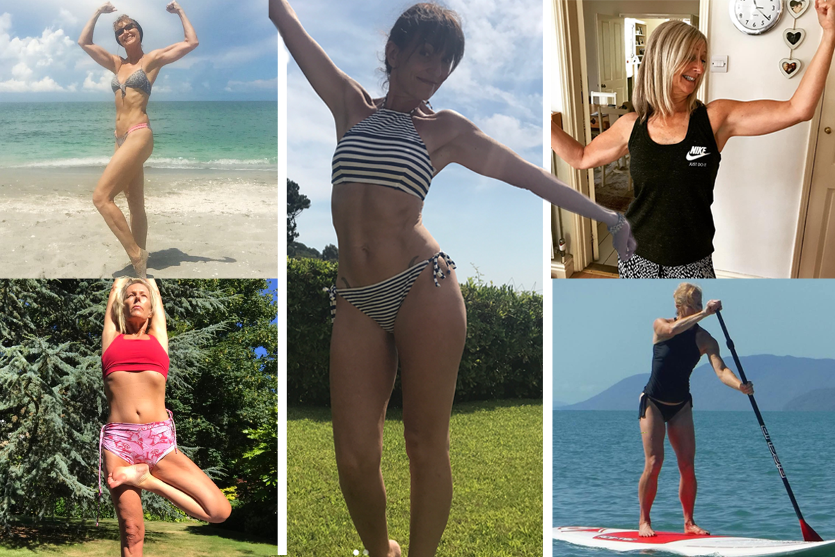 A collage image of fit over 40s on instagram featuring, Tracey anderson, Tracy Adcock, Davina McCall, Lorraine Ladish, Mandy Ingber and Tea With Lucy B