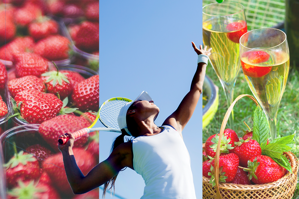 A collage image with a tennis player serving a ball in the middle, a close up of strawbeeries on the left and an image of a punnet of strawberries next to champaign on the right.