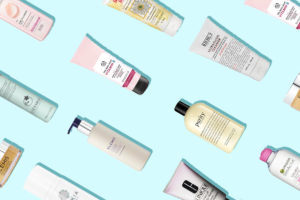 A collage of our favourite cleansers on a blue background.