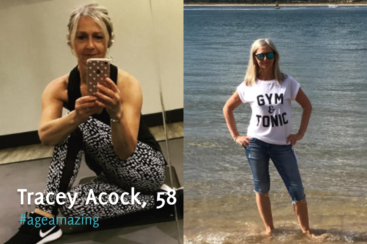 A split screen on image of 58 year old fitness enthusiast Tracey Acock.