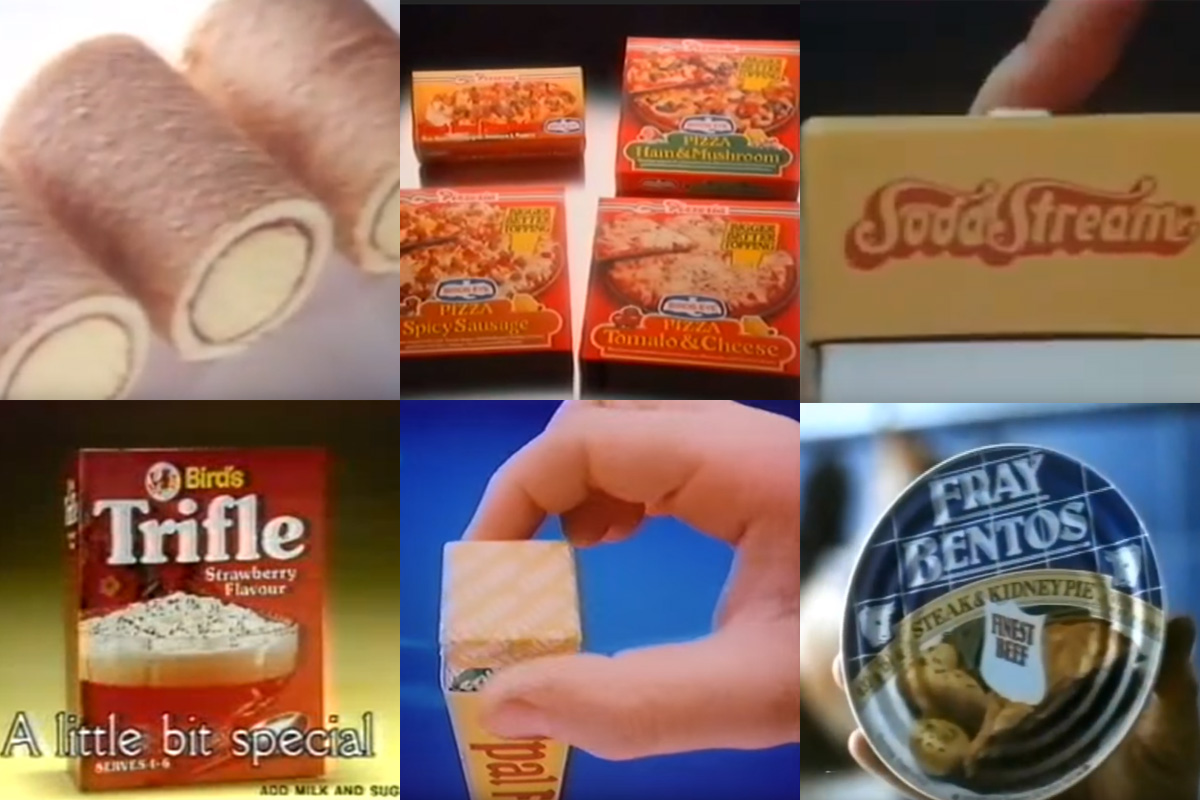 A collage of popular foods from the 1980s.