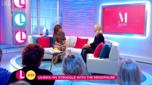 A long shot of 50-year-old tv presenter Ulrika Jonnson talking on ITV's Lorraine.