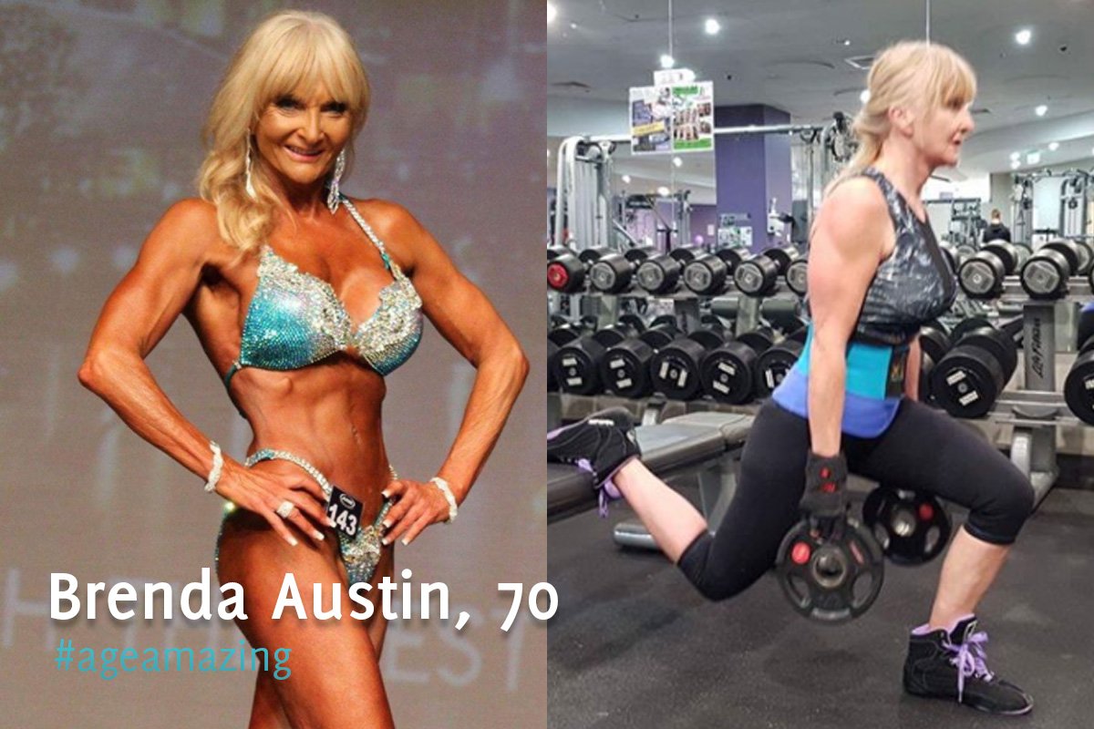 A split screen image of Brenda before and after her fitness transformation with the text superimposed, 'Brenda Austin, 70 #ageamazing'.