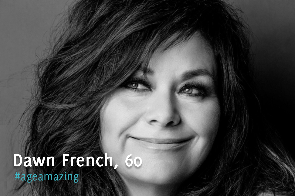 A black and white portrait of British comedian and actress Dawn French.