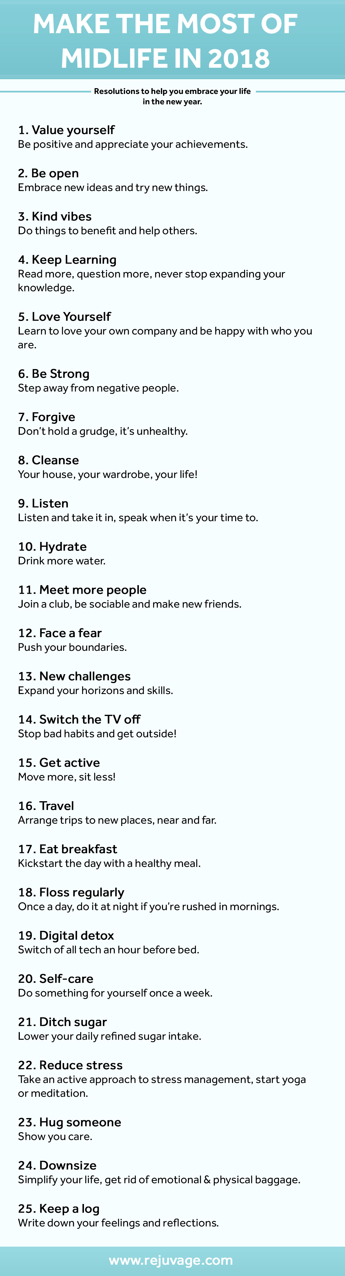 An infographic acalled, make the most of 2018 with a list of 25 positive mantras to follow for the new year.