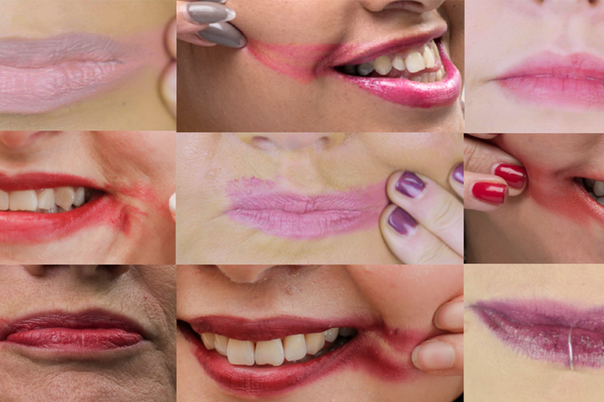 A collage of woman with lipstick smears on their face as part of the smearforsmear campaign.