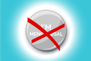 An image of a menopause badge with a cross through it on a blue background