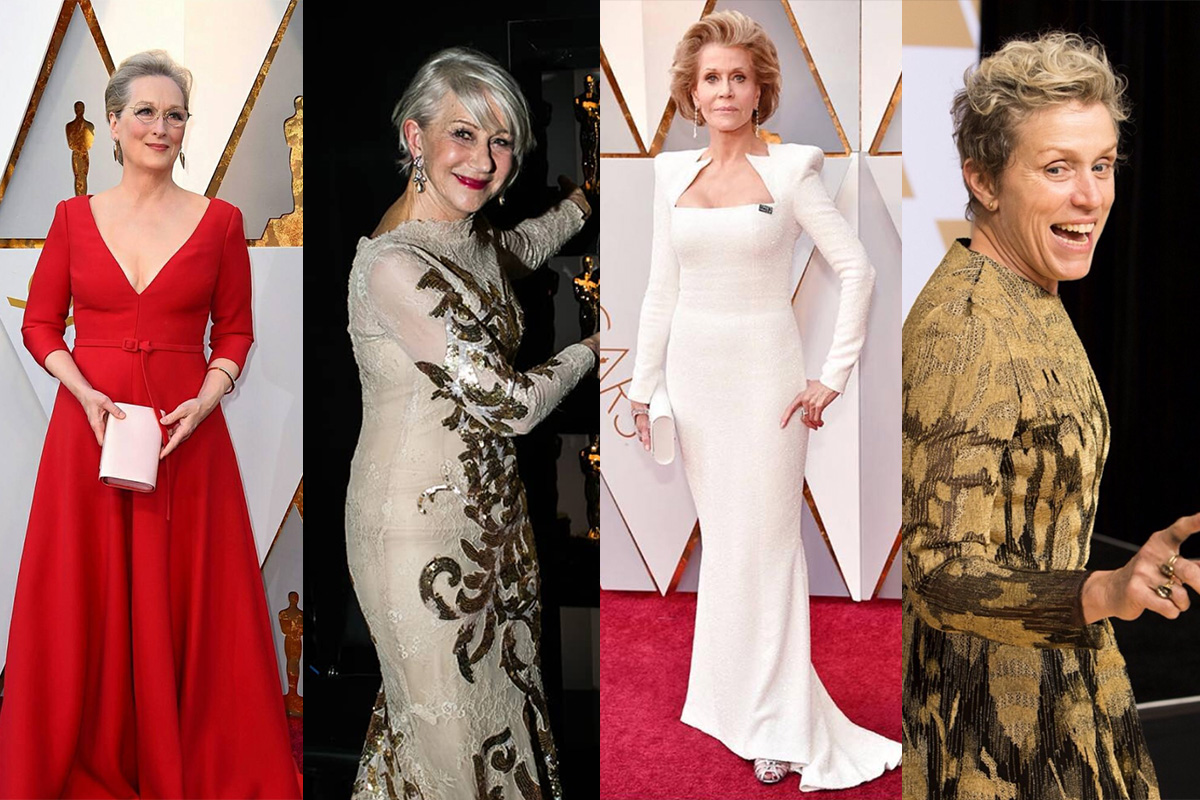 A split screen image of Meryl Streep, Helen Mirren, Jane Fonda and Frances McDormand at the 2018 Oscars.