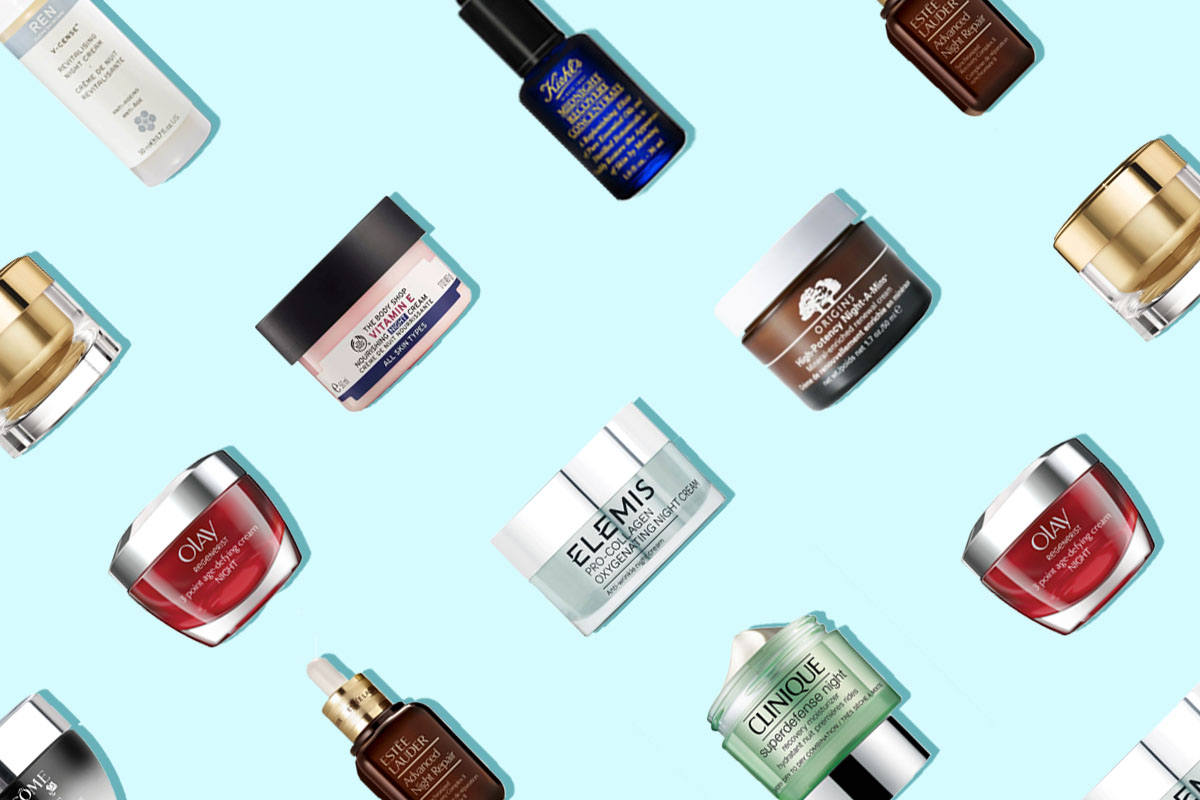 A collage of 10 anti-ageing night creams.