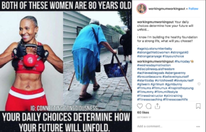 re-post of an instagram post with two 80 year old women one is very healthy and is wearing a red gym outfit holding a weight and the other woman is in blue holding a walking stick