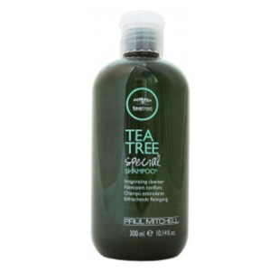 tea tree shampoo in green bottle with clear plastic lid by Paul Mitchell