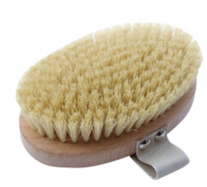 body brush with wooden base and strap