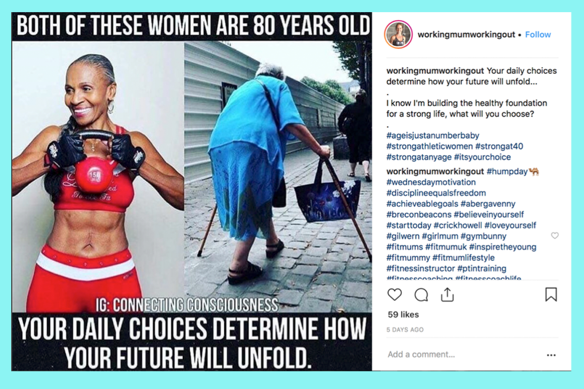 re-post of instagram post showing two women whoo are both 80 years old one woman is in red gym wear holding a weight and is very healthy whereas the other woman in blue is dressed much older is holding a walking stick