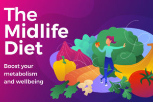 the midlife diet boost your metabolism and wellbeing infographic on purple background with an animation of a woman eating an apple with other fruit and vegetables around her