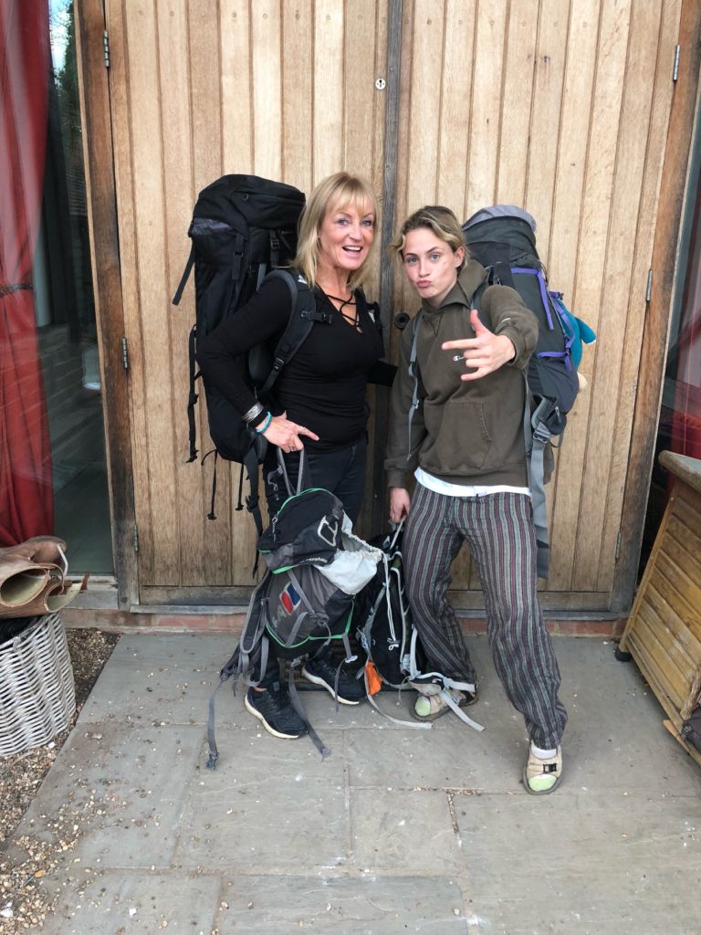 louise and her daughter with their backpacks ready to go to Nepal