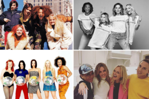 collage of the spice girls together then and now
