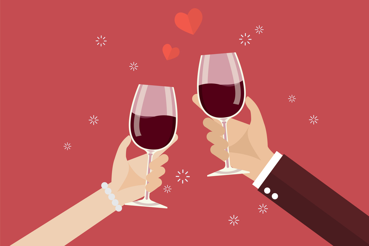 illustration of a man and woman toasting wine glasses with a romantic red background