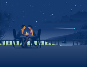illustration of a couple in night coast cafe
