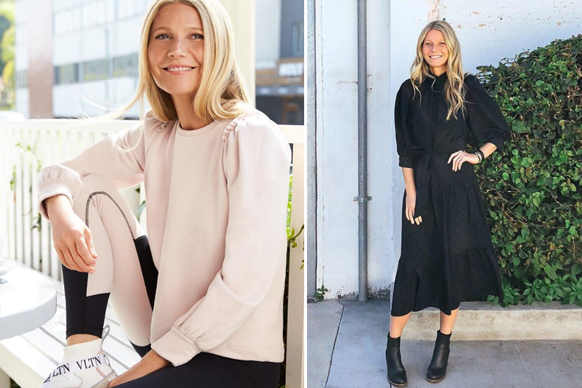 collage of two images of Gwyneth Paltrow first image she is wearing a long sleeved top and second she is wearing a long black dress with black boots