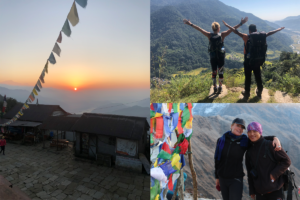 collage of three pictures of louise backpacking in Nepal one picture is of a sunset and the other two is of her and a man overlooking some mountains