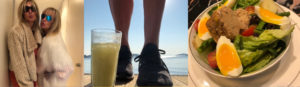 collage of three images. first image is louise with a friend second is trainers next to a green juice and last image is a salad bowl with eggs mixed leaves and tomato
